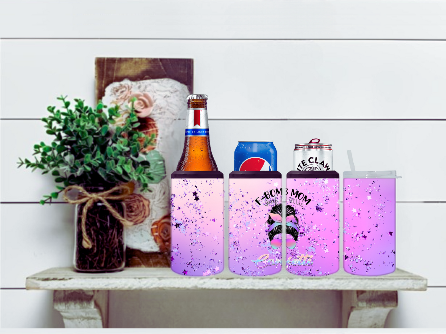 F-Bomb Mom Pink & Purple Star Glitter 4 in 1 Koozie