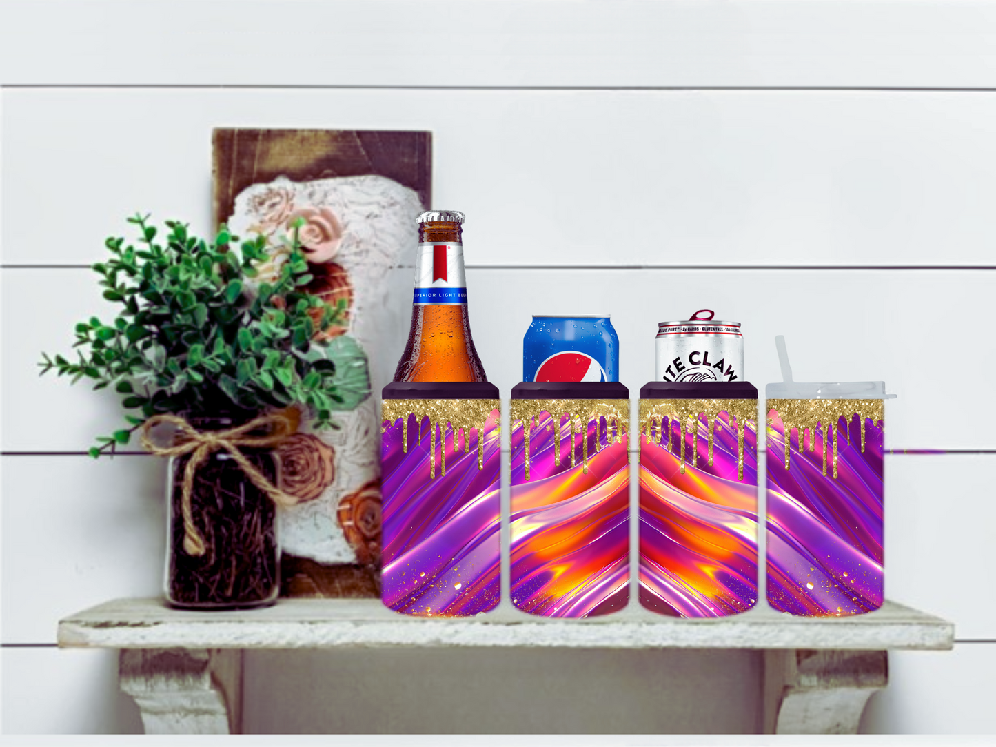 Purple & Pink Glitter Drip 4 in 1 Koozie Can Cooler