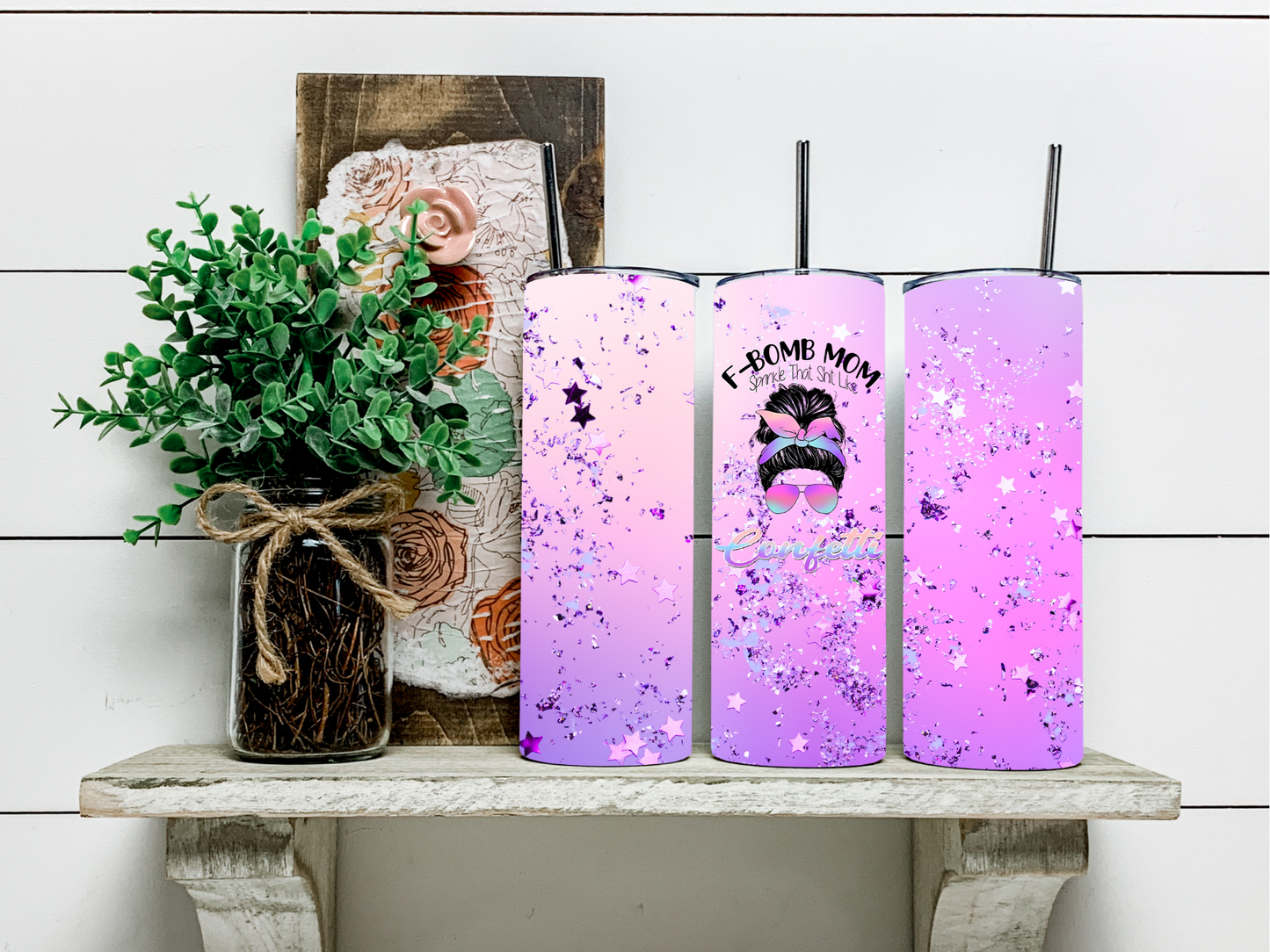 F-Bomb Mom Pink & Purple Star Glitter Skinny Tumbler