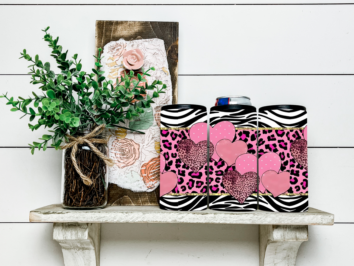 Pink Zebra & Leopard Hearts Skinny Koozie