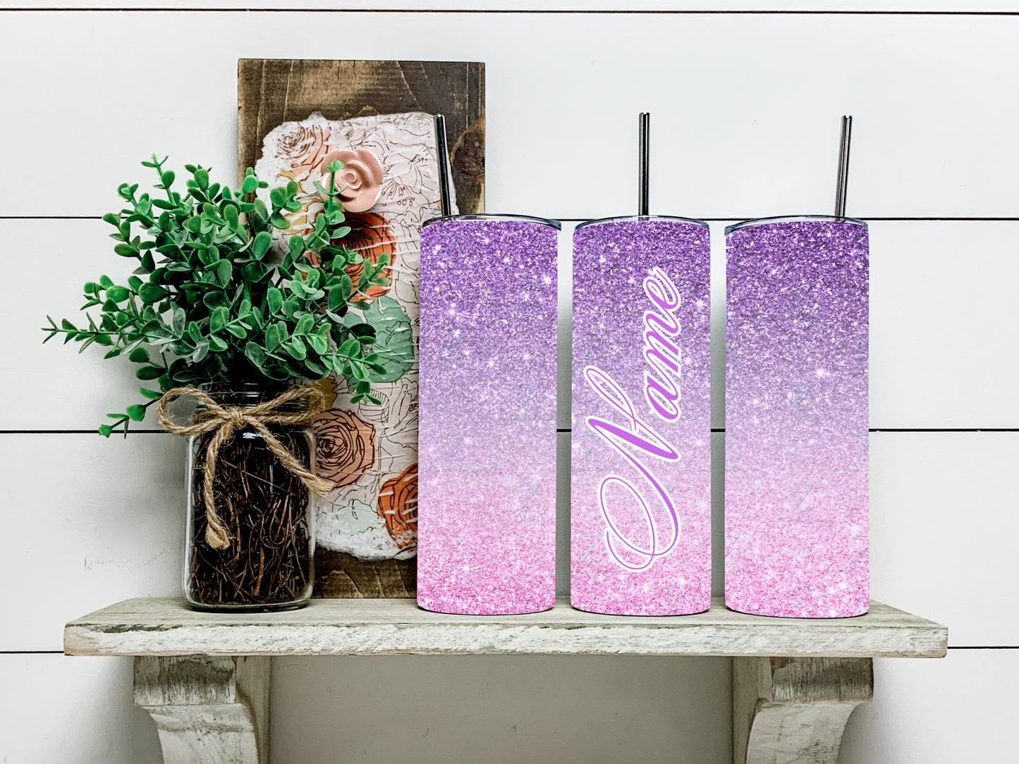 Purple Silver Pink Glitter Skinny Tumbler