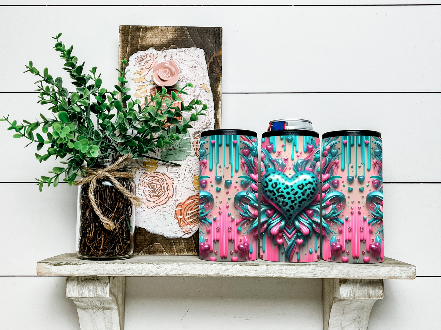 Turquoise & Pink Leopard Drip Hearts Skinny Koozie