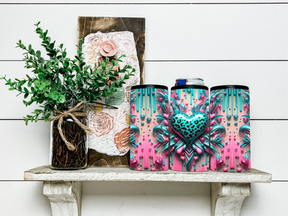 Turquoise & Pink Leopard Drip Hearts Skinny Koozie