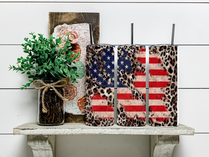 Leopard American Flag Skinny Tumbler