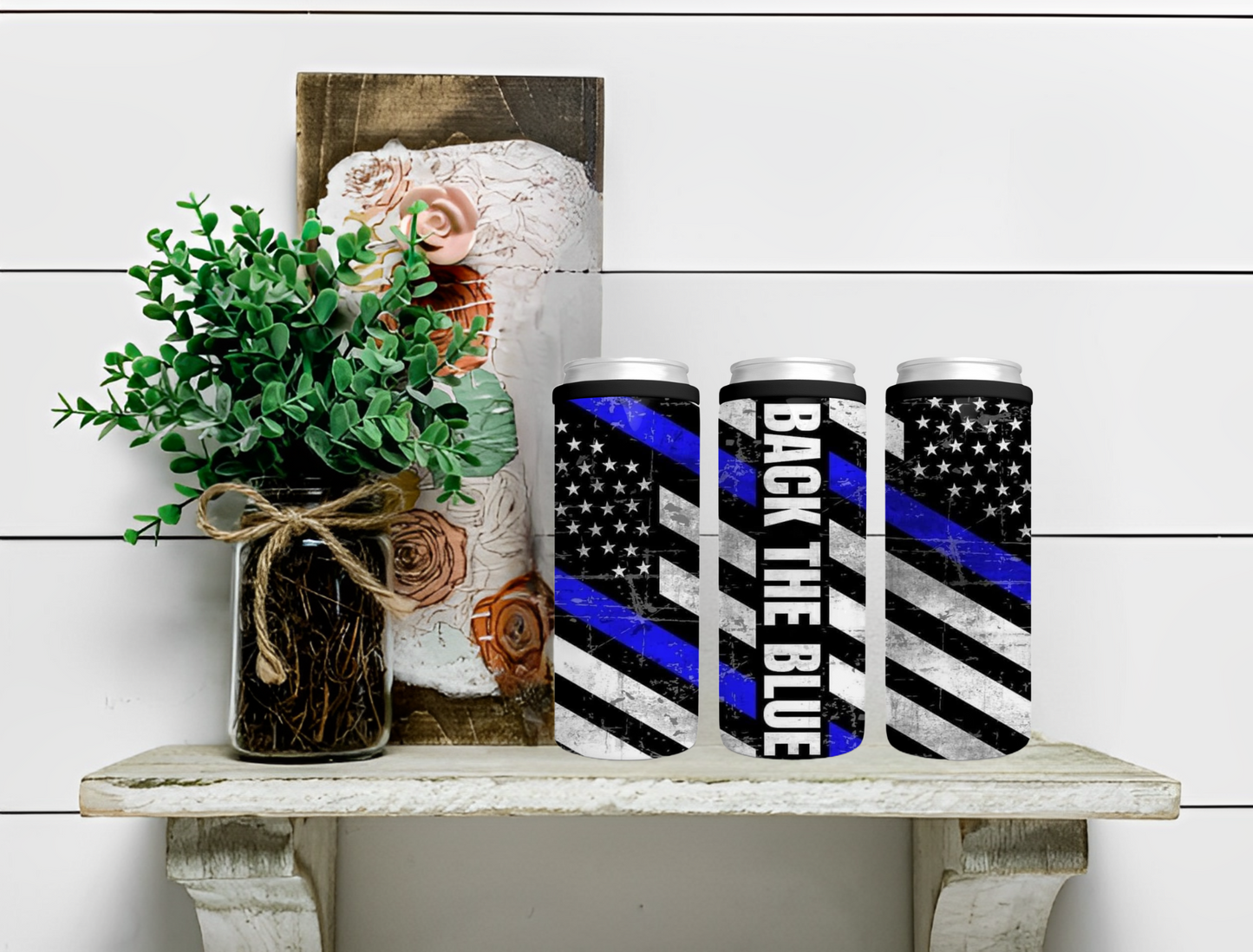 Back The Blue Flag Skinny Koozie Can Cooler