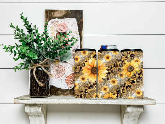 Gold Glitter Sunflower Skinny Koozie/Can Cooler