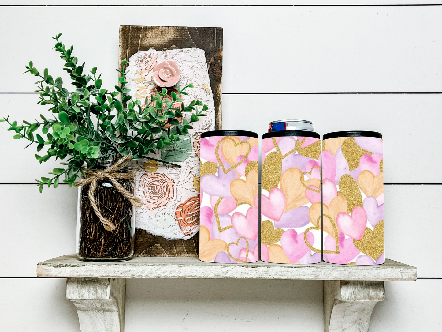 Light Pink & Gold Hearts Skinny Koozie Can Cooler