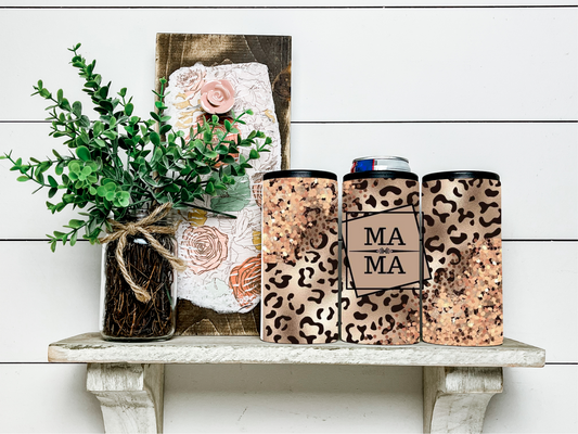 Leopard, Gold & Rose Gold Mama Skinny Koozie Can Cooler