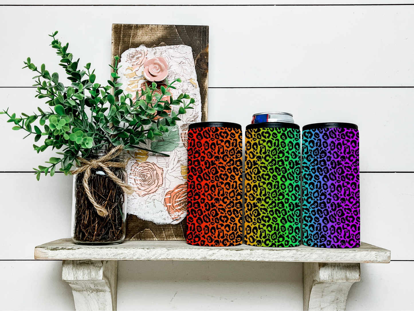 Rainbow Leopard Skinny Koozie Can Cooler