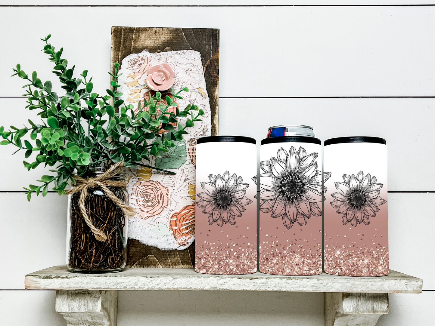 Rose Gold Sunflower Skinny Koozie Can Cooler